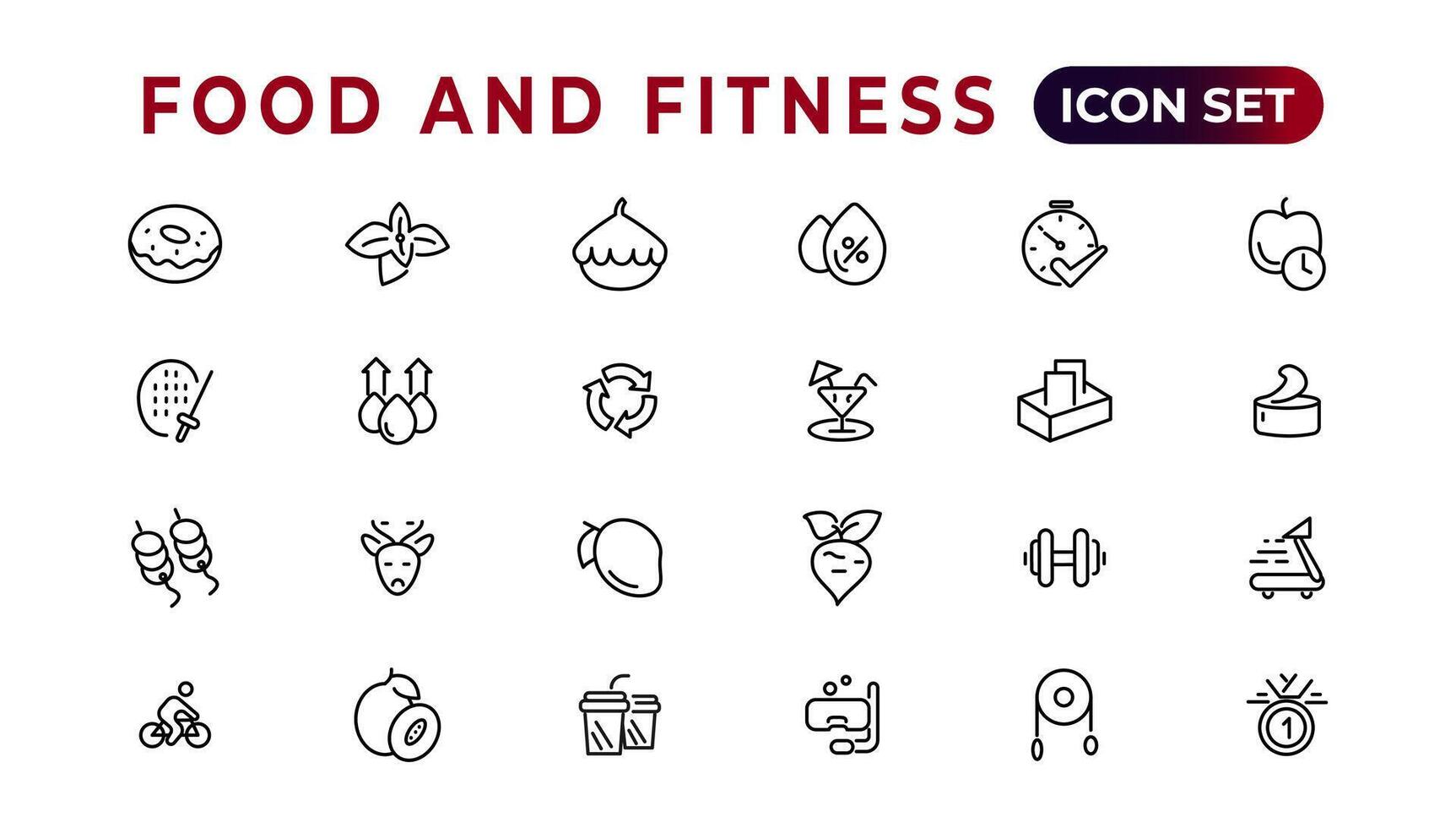 Essen und Fitness linear Symbole Sammlung.set von dünn Linie Netz Symbol Satz, einfach Gliederung Symbole Sammlung, Pixel perfekt Symbole, einfach Vektor Illustration.