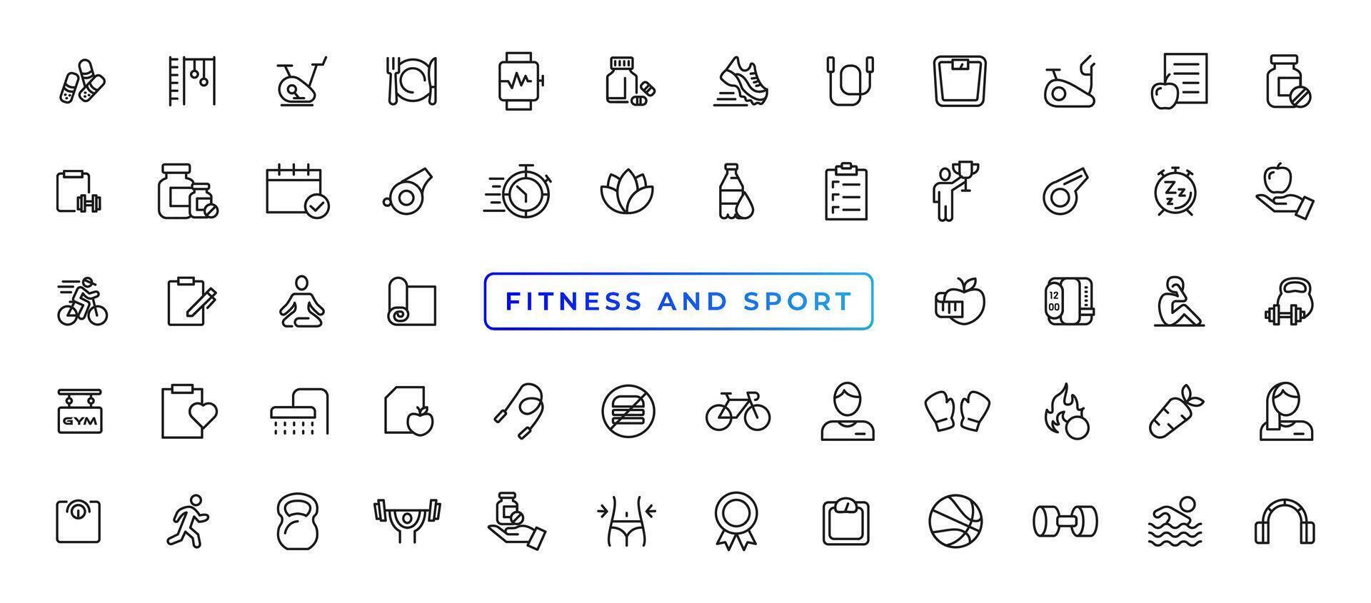 Sport und Fitness - - minimal dünn Linie Netz Symbol Satz. Gliederung Symbole Sammlung. einfach Vektor Illustration