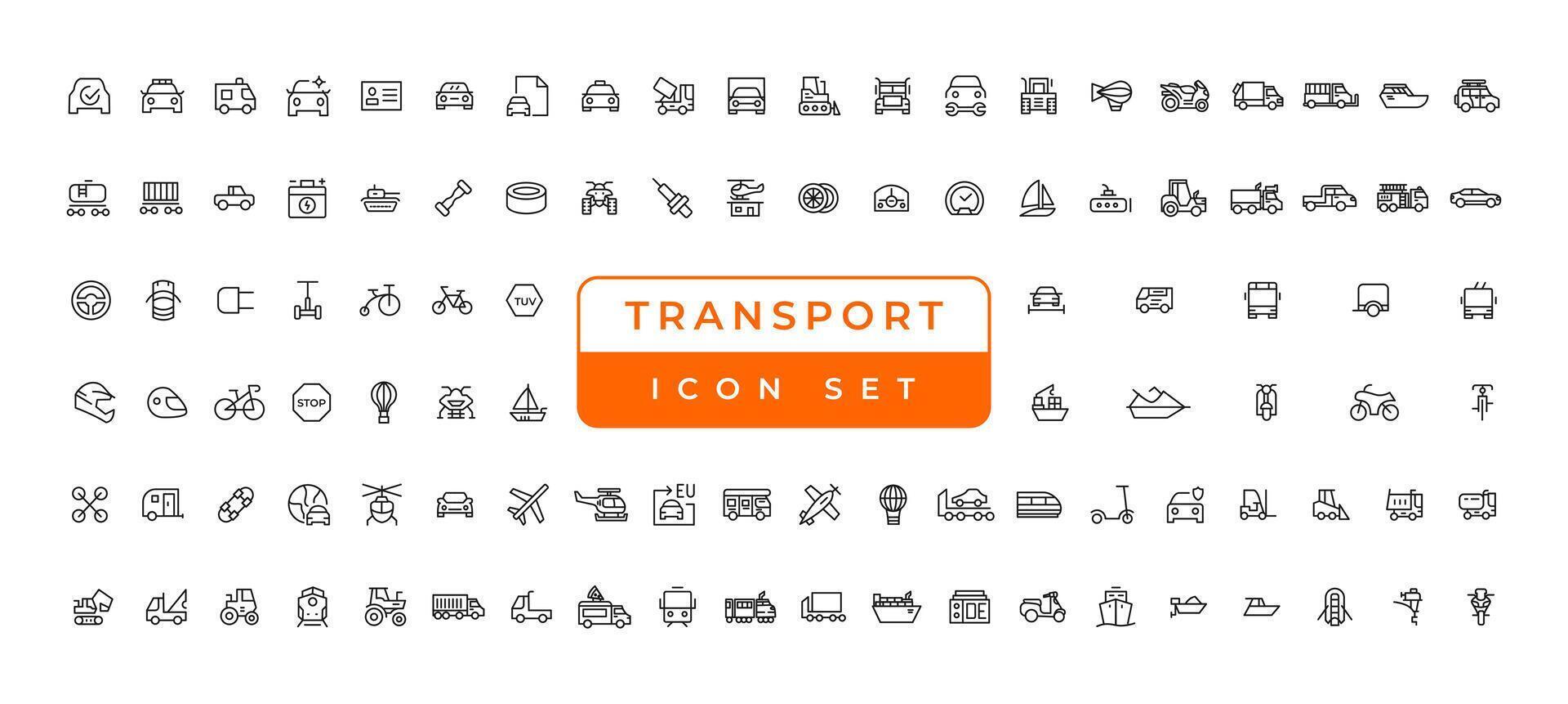 transport, fordon och leveranselement - minimal tunn linje webb ikonuppsättning. disposition ikoner samling. enkel vektorillustration. vektor