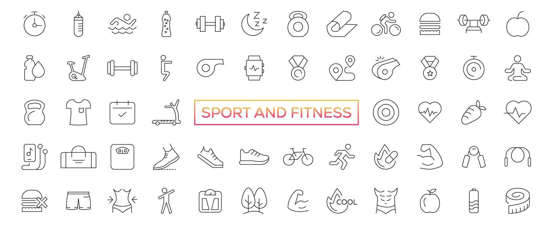 Sport und Fitness - - minimal dünn Linie Netz Symbol Satz. Gliederung Symbole Sammlung. einfach Vektor Illustration