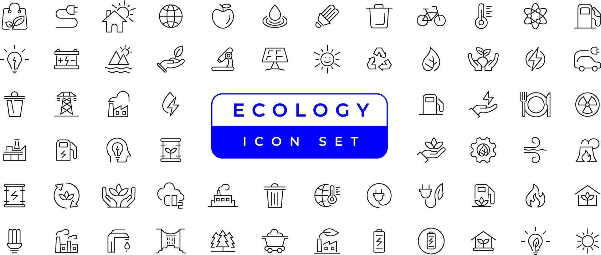 ekologi linje ikoner uppsättning. förnybar energi översikt ikoner samling. sol- panel, återvinna, eko, bio, kraft, vatten - stock vektor