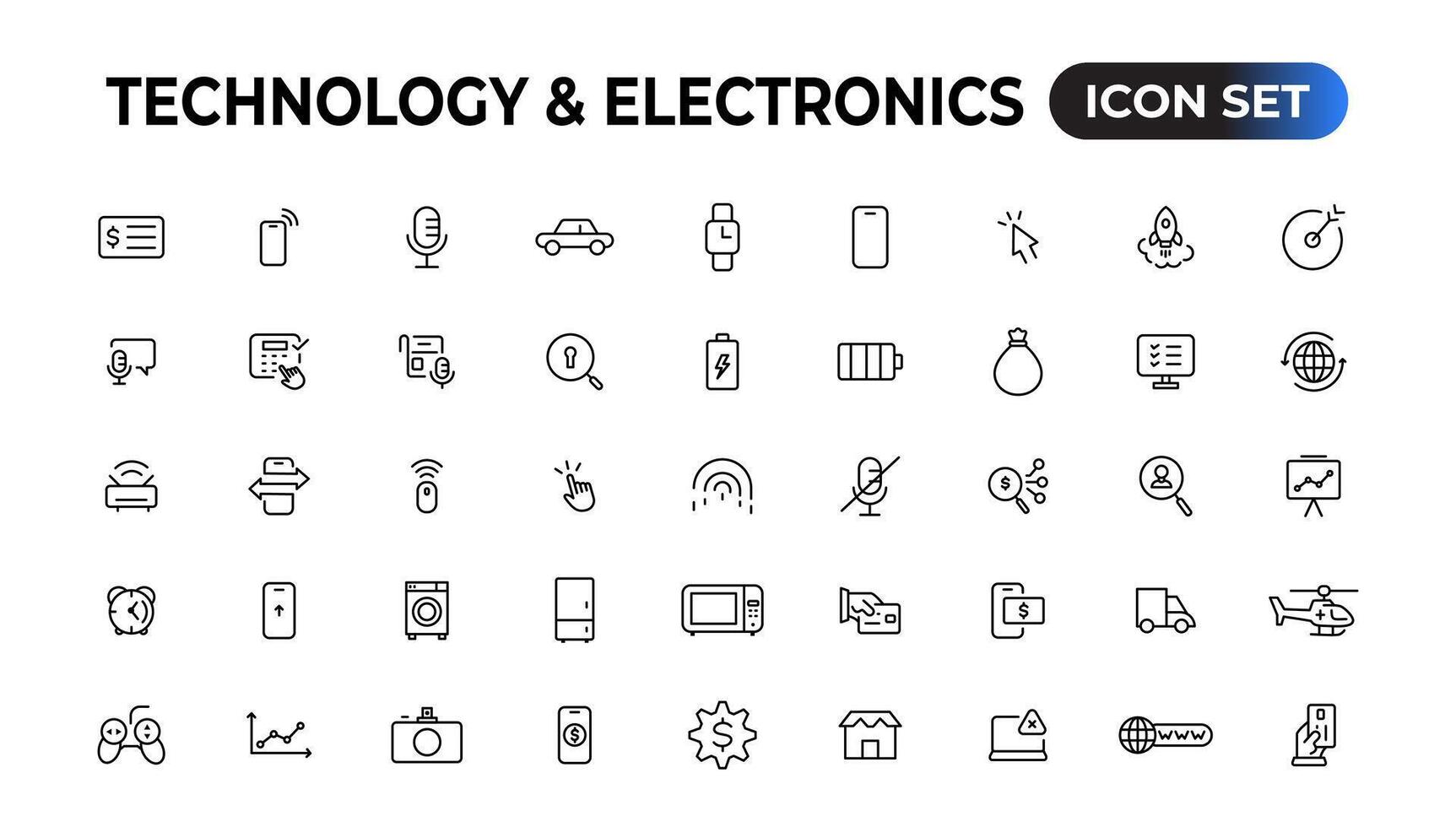Technologie und Elektronik und Geräte Netz Symbole im Linie Stil. Gerät, Telefon, Laptop, Kommunikation, Smartphone, E-Commerce. Vektor Illustration.