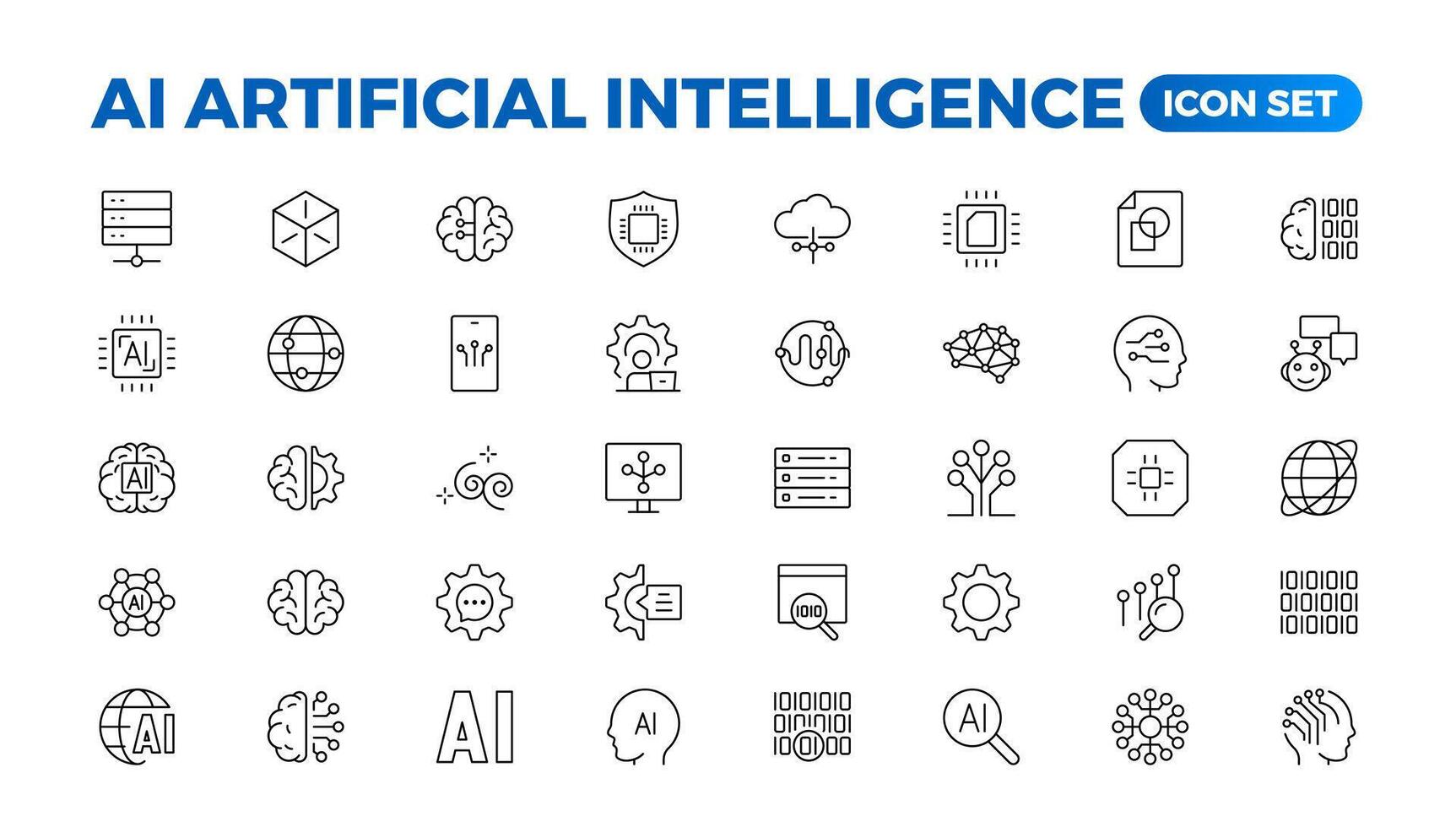 uppsättning av ai artificiell intelligens ikon uppsättning vektor samling. ai väsentliga linje ikon samling, artificiell intelligens ikon uppsättning i linje stil, maskin inlärning, smart robot fri vektor