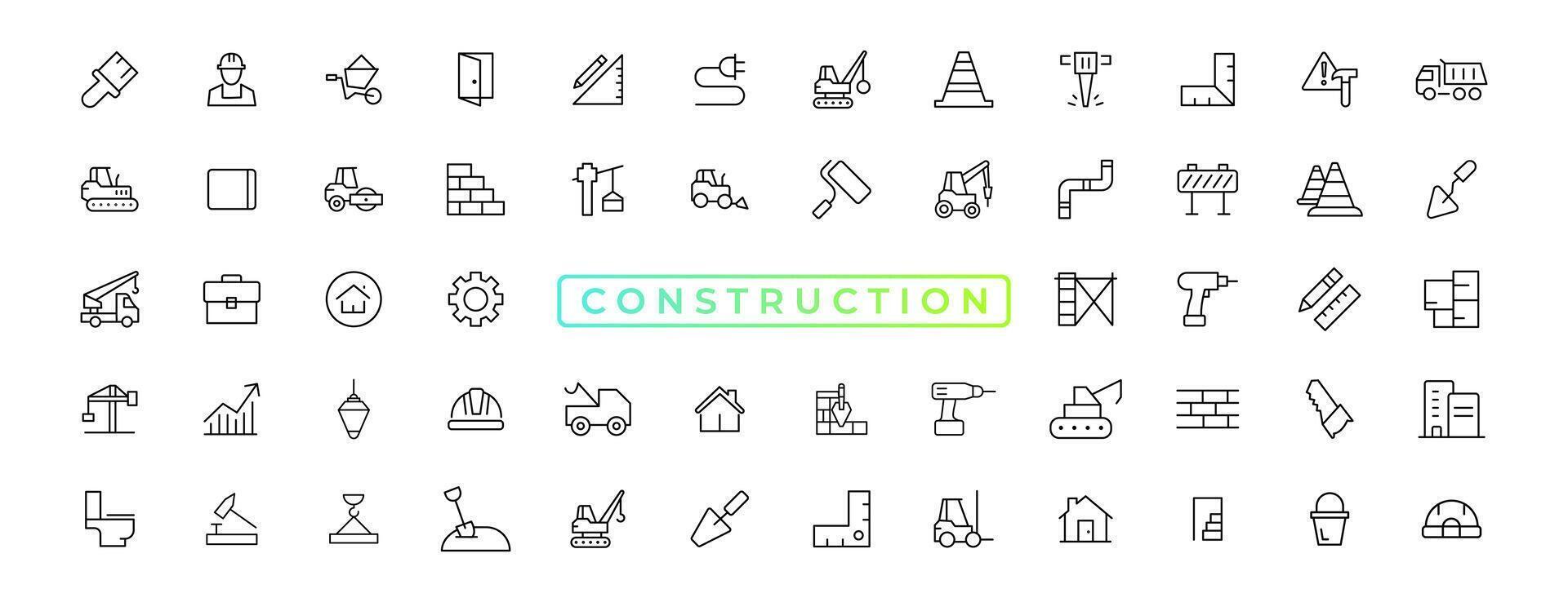 Konstruktion Linie Symbole Satz. Zuhause Reparatur Werkzeuge Gliederung Symbole Sammlung. Konstruktion Werkzeug, Bauherren und Ausrüstung Symbole. Baumeister, Kran, Maschinenbau, Ausrüstung, Helm, Werkzeug, Haus - - Lager Vektor. vektor