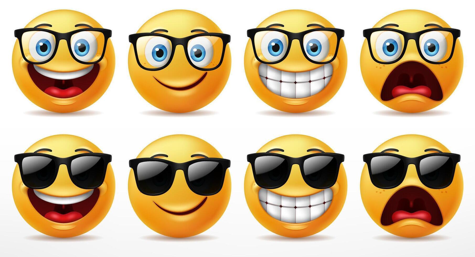 lächelnd Gesichter Emoticon Charakter Satz, Gesichts- Ausdrücke von süß Gelb Gesichter tragen Sonnenbrille. 3d realistisch, Vektor Illustration