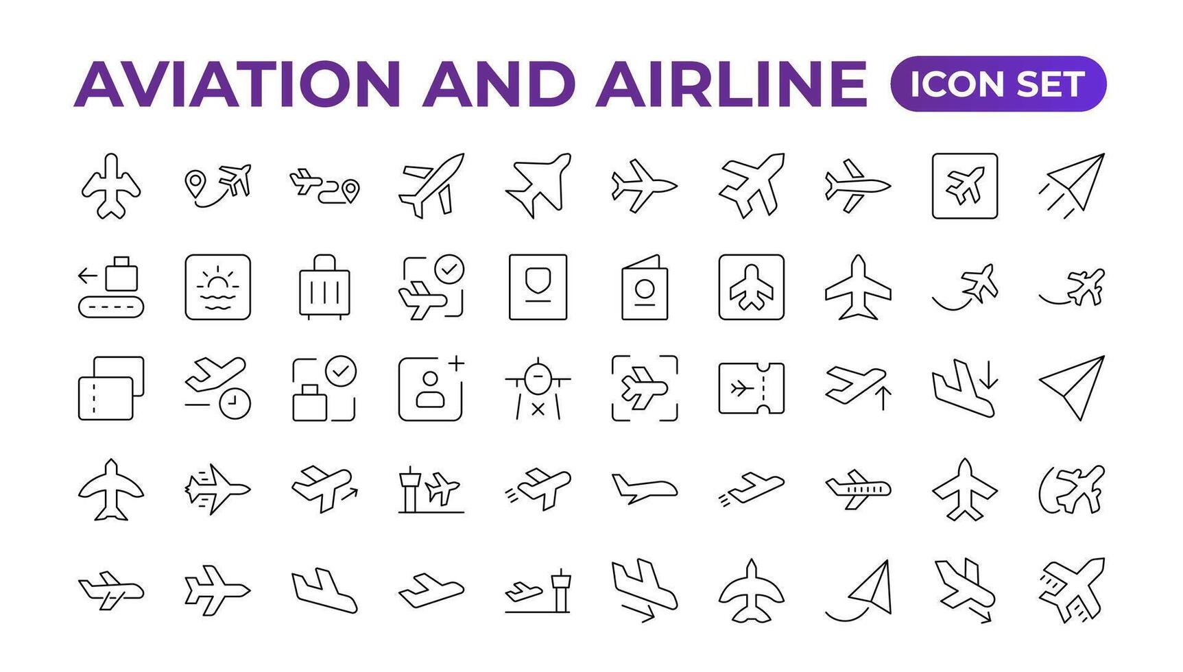 plan ikon samling. flygplan vektor. flyg transport symbol. resa koncept.uppsättning av vektor linje ikon. den innehåller symboler av flygplan, kreditera kort, plånböcker, dollar, pengar klot. översikt ikon uppsättning.