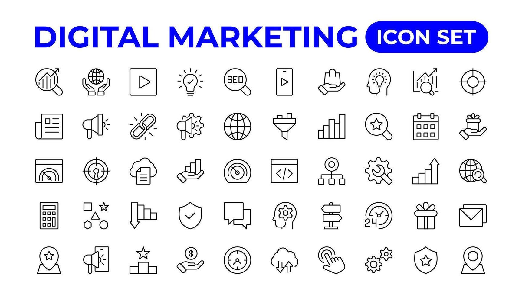digital marknadsföring ikoner uppsättning. innehåll, Sök, marknadsföring, e-handel, seo. vektor