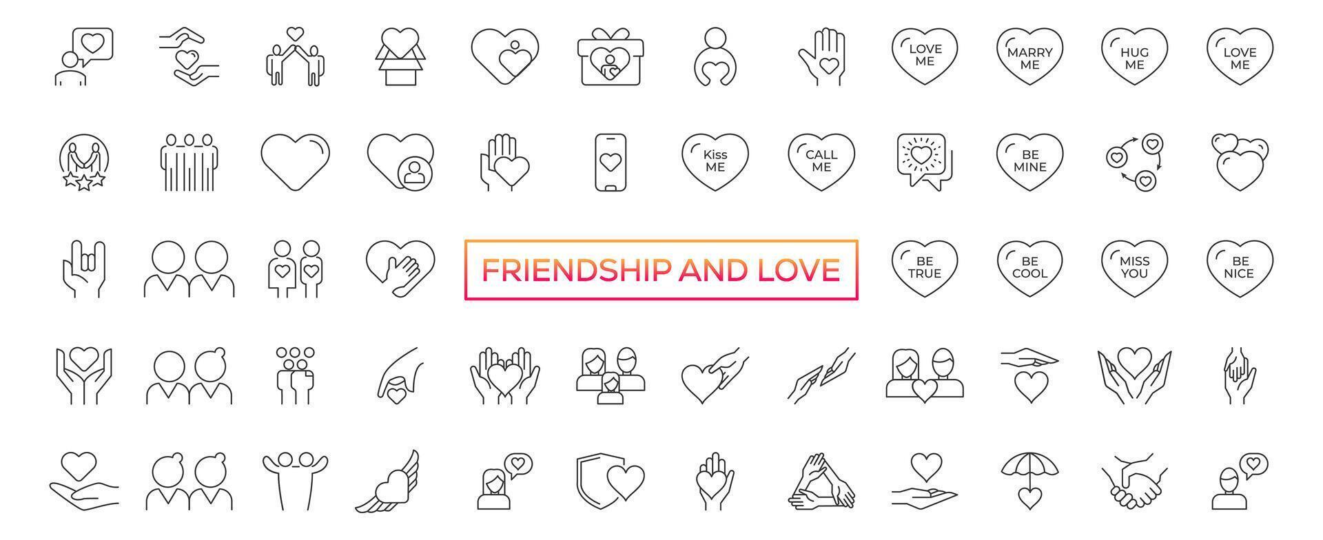 vänskap och kärlek vektor linje ikoner set. relation, ömsesidig förståelse, ömsesidig hjälp, interaktion