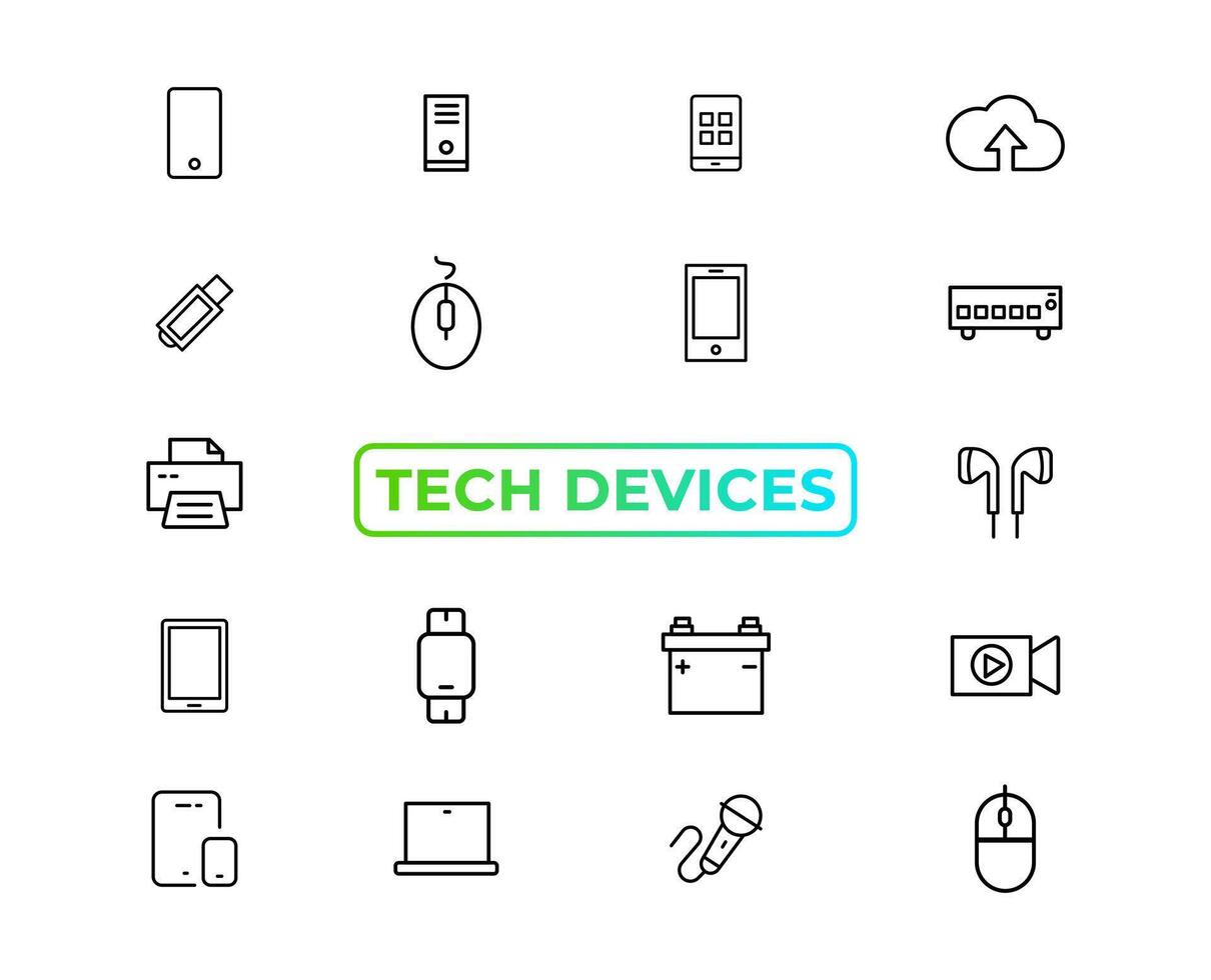 Gerät und Technologie Linie Symbol Satz. elektronisch Geräte und Geräte, Computer, Ausrüstung und Elektronik. Computer Monitor, Smartphone, Tablette und Laptop Sumbol Sammlung - - Lager ... vektor