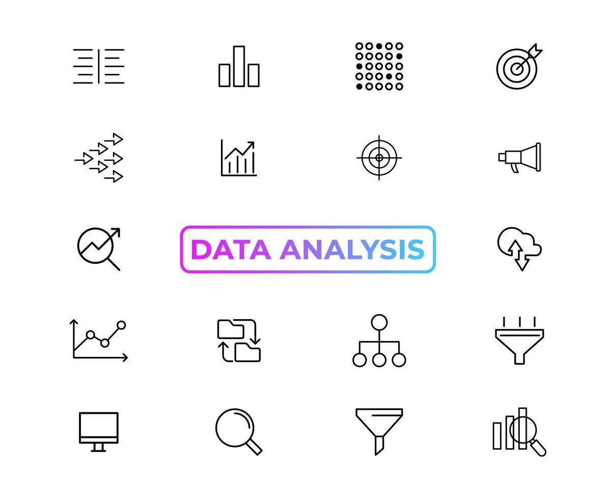 stor data analys tunn linje ikon uppsättning. data bearbetning översikt piktogram för hemsida och mobil app gui. digital analys enkel ui, ux vektor ikoner