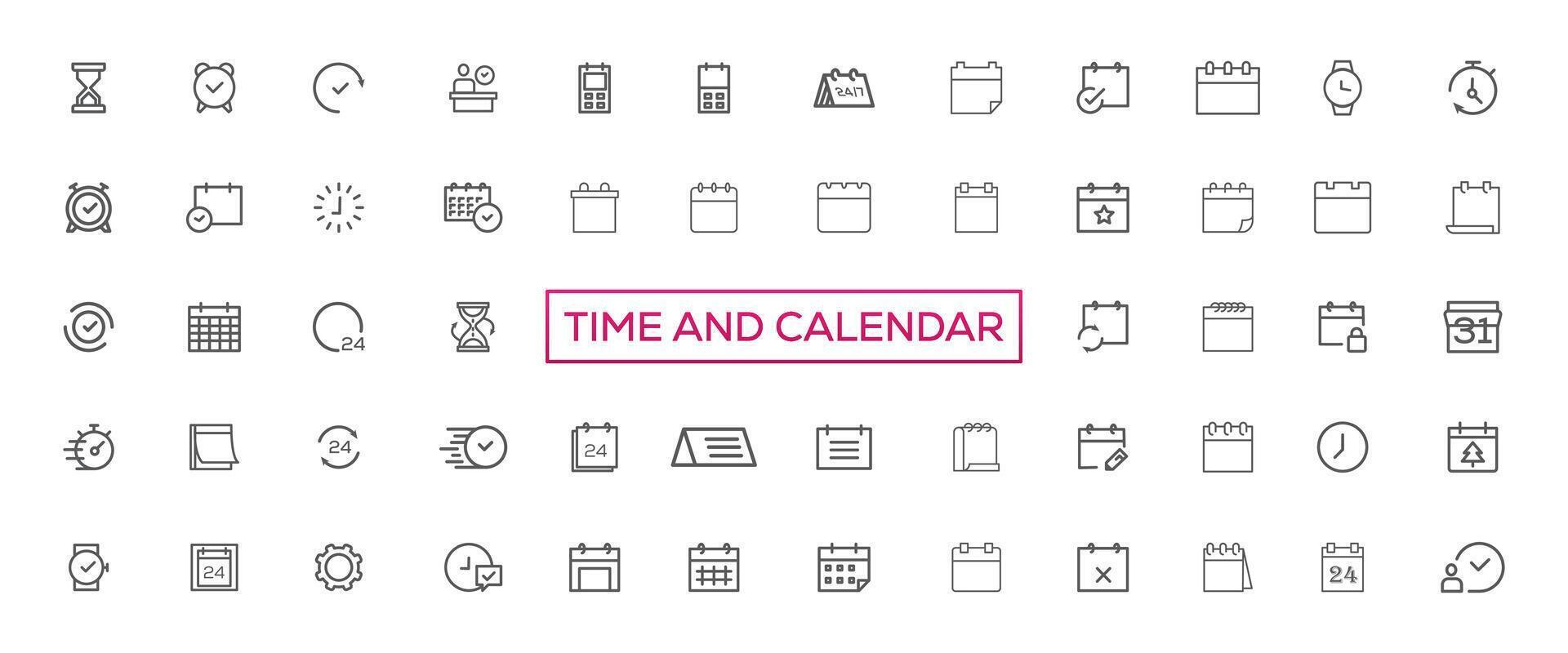 Zeit und Uhr, Kalender, Timer Linie Symbole. Vektor linear Symbol einstellen