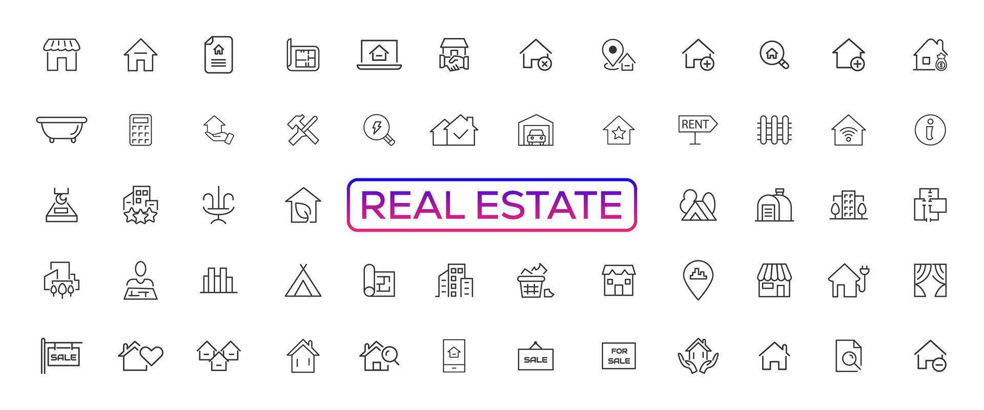 Immobilien minimale dünne Linie Web-Icon-Set. enthalten die Symbole wie Immobilien, Immobilien, Hypotheken, Wohnungsbaudarlehen und mehr. Sammlung von Symbolen zu skizzieren. einfache Vektorillustration vektor