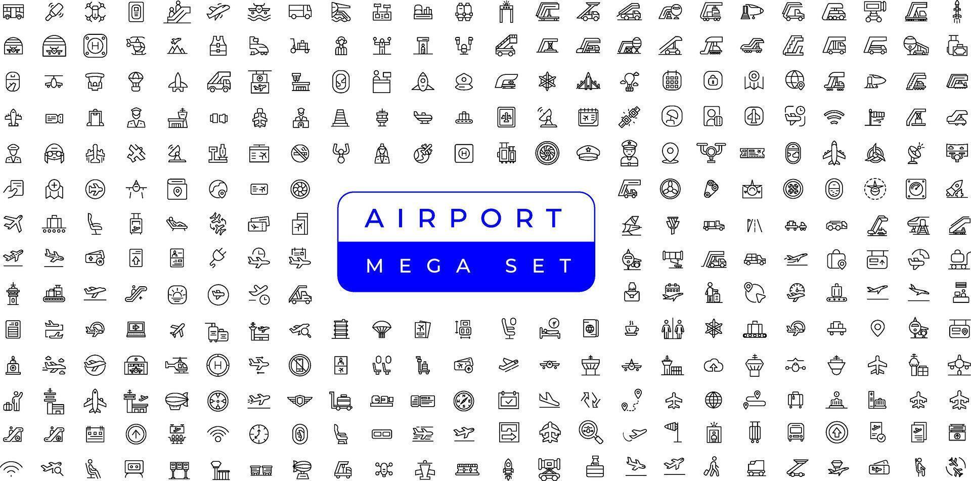 Flughafen Vektor Linie Symbol Satz. enthält linear Gliederung Symbole mögen Ebene, Fahrkarte, Gepäck, Sitz, W-lan, Tasche, Abfahrt, Terminal, Reisepass, Transport, Gepäck, Flugzeug