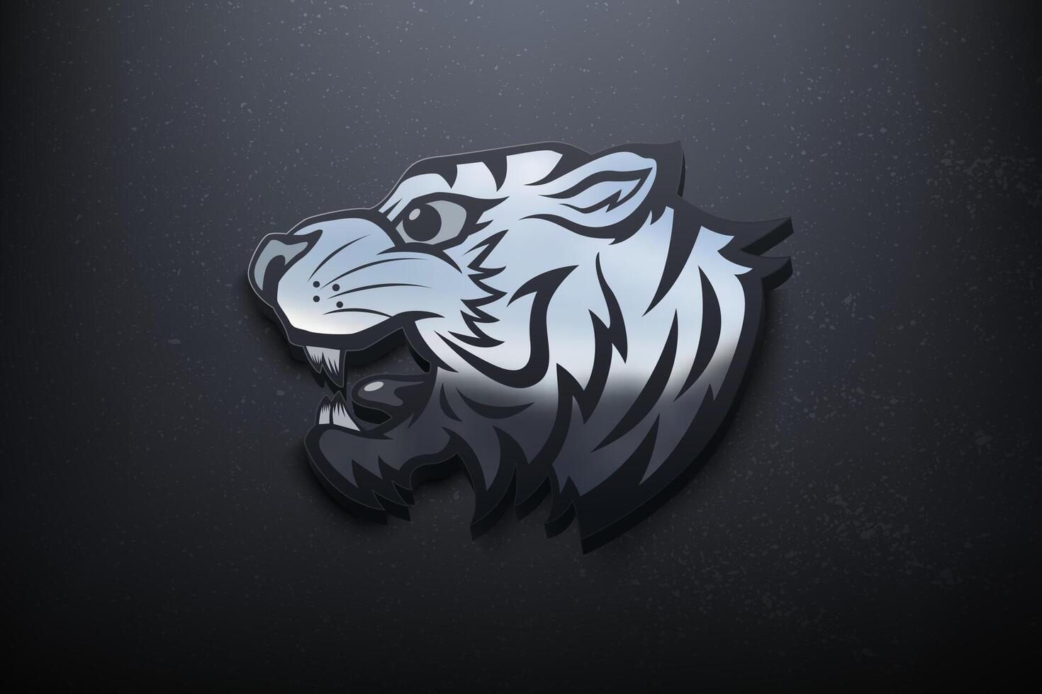 Tiger 3d Logo Design, glänzend Attrappe, Lehrmodell, Simulation Logo mit texturiert Mauer. realistisch Vektor, Vektor Illustration