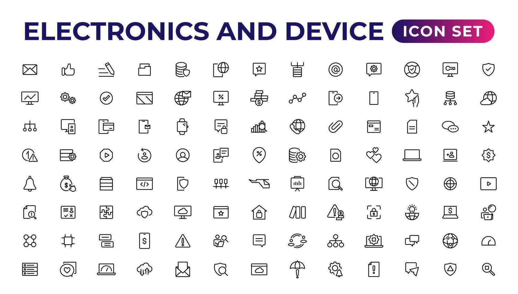 elektronik och enhet rader ikon uppsättning. elektronisk enheter och prylar, dator, Utrustning och elektronik. dator övervaka, smartphone, läsplatta och bärbar dator sumbol samling. vektor