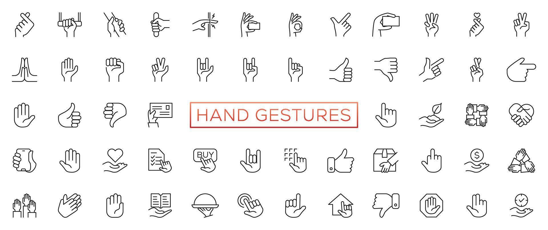 Hand Gesten Linie Symbol Satz. inbegriffen Symbole wie Finger Interaktion, kleiner Finger schwören, Zeigefinger Punkt, Gruß, Prise, Hand Waschen und mehr. vektor