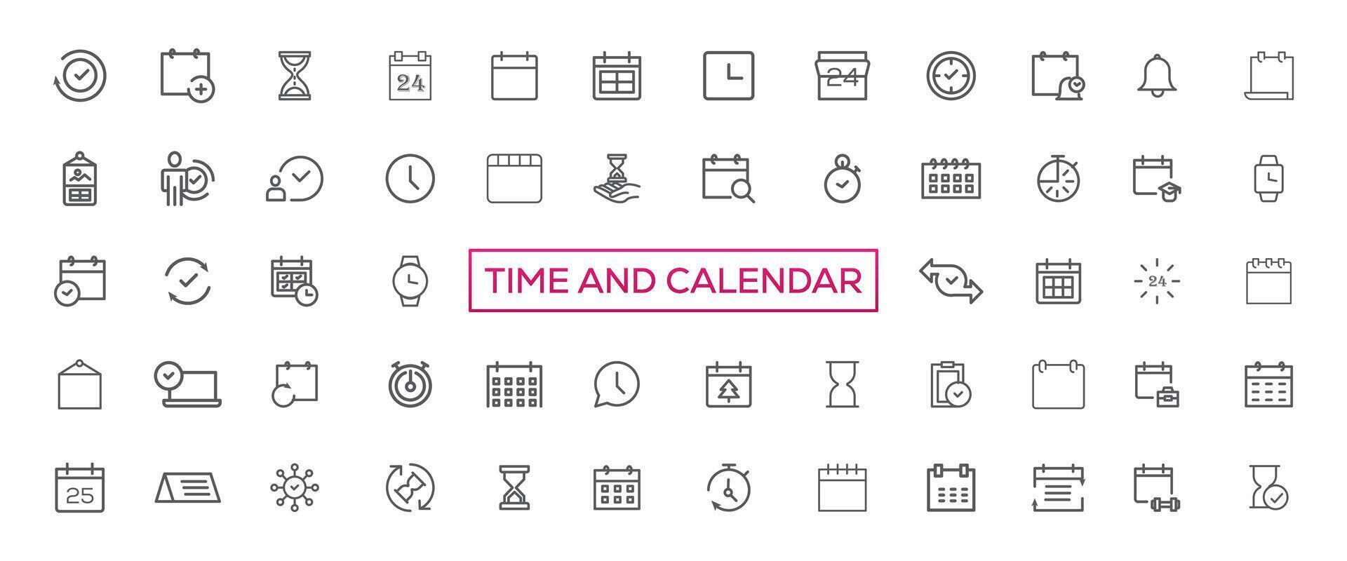 Zeit und Uhr, Kalender, Timer Linie Symbole. Vektor linear Symbol einstellen