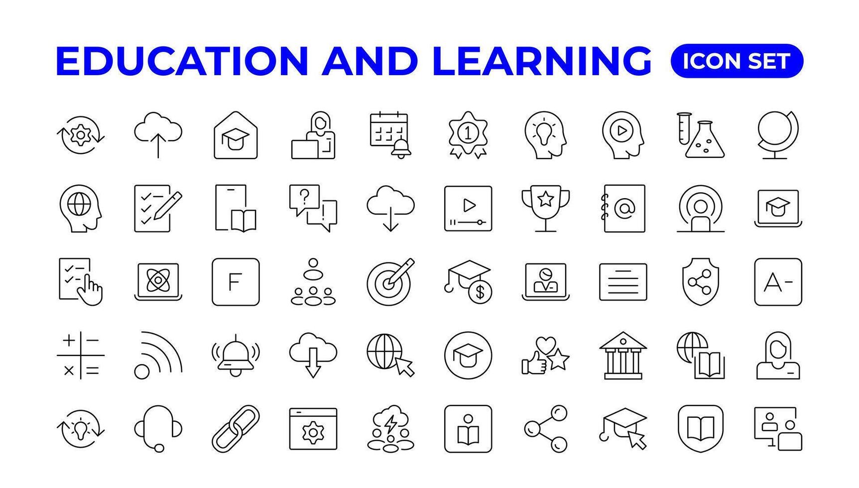 Bildung Linie Symbol Sammlung.enthält Wissen, Hochschule, Aufgabe Liste, Design, Ausbildung, Idee, Lehrer, Datei, Abschluss Hut, Institut, Herrscher, und Fernrohr. vektor