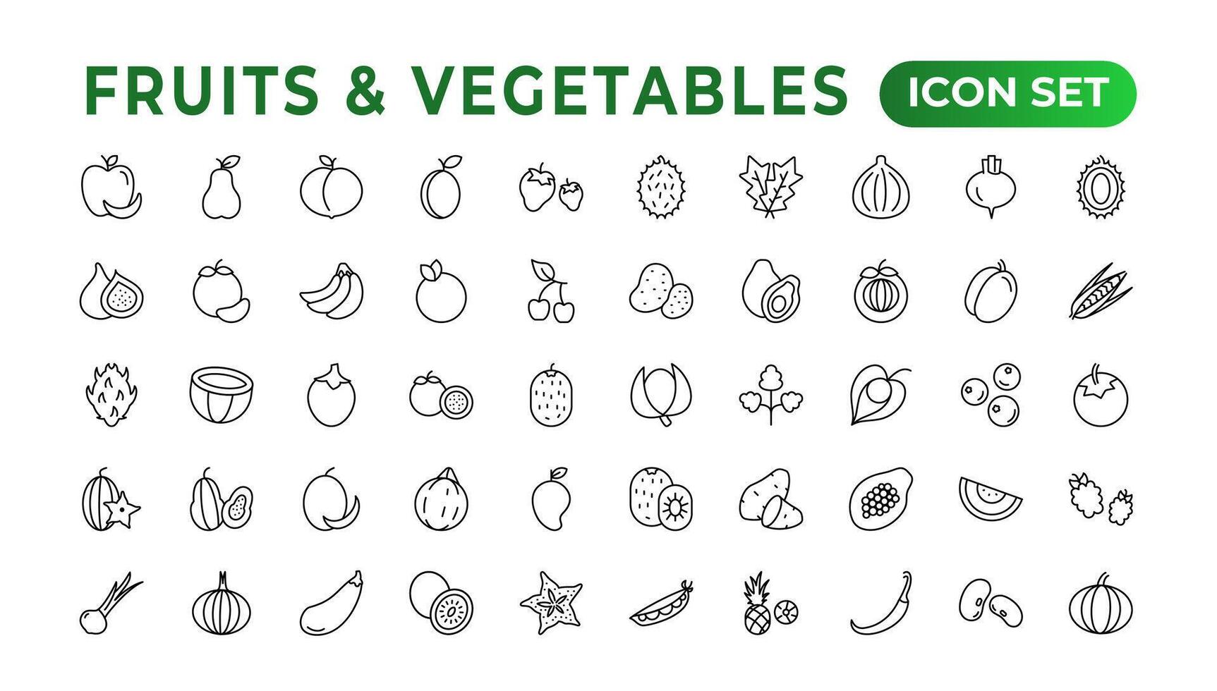 frukt och grönsaker linje ikoner samling. stor ui ikon uppsättning i en platt design. tunn översikt ikoner packa. vektor illustration. frukt och grönsaker ikoner uppsättning. mat vektor illustration.outline ikon uppsättning.