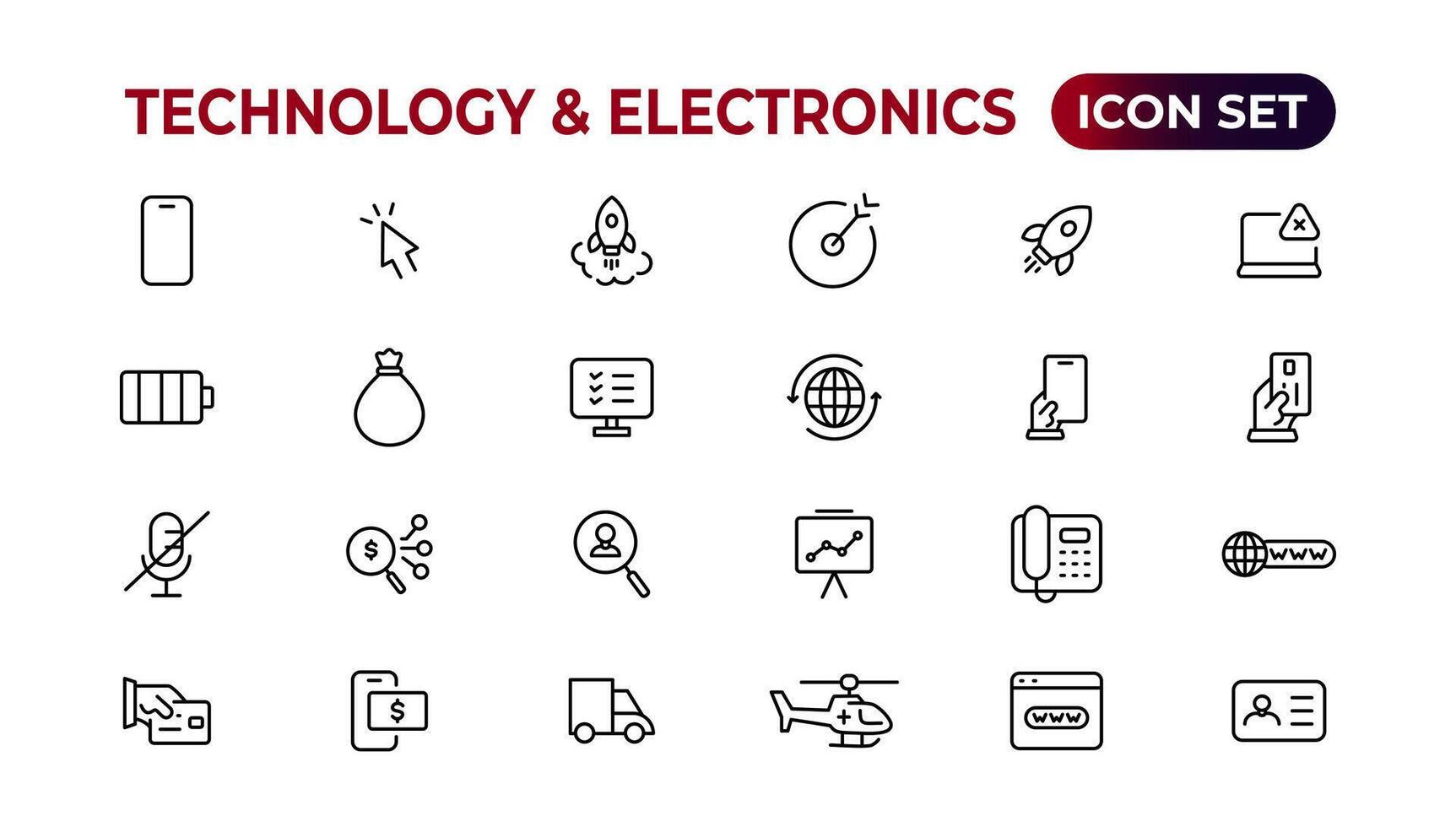 Technologie und Elektronik und Geräte Netz Symbole im Linie Stil. Gerät, Telefon, Laptop, Kommunikation, Smartphone, E-Commerce. Vektor Illustration.