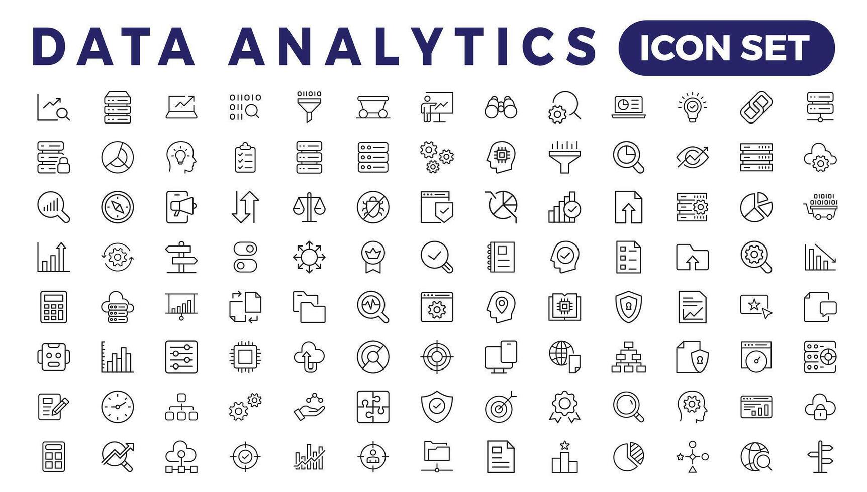 Daten Analytik Netz Symbole einstellen im dünn Linie Design. Pack von Datenbank, groß Daten Verfahren, ai, Überwachung, Verkehr, Hosting Service, Optimierung, Sicherung, Diagramm und andere. Vektor Gliederung Schlaganfall Symbol Design