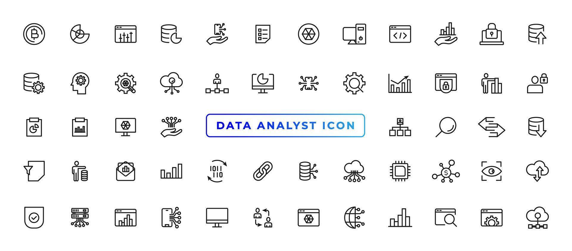 Daten analytisch dünn Linie Symbol Satz. Daten Analyse editierbar Schlaganfall Symbole. Daten Analytik, Bergbau, Optimierung, wird bearbeitet, Statistik, Überwachung, Analyse vektor