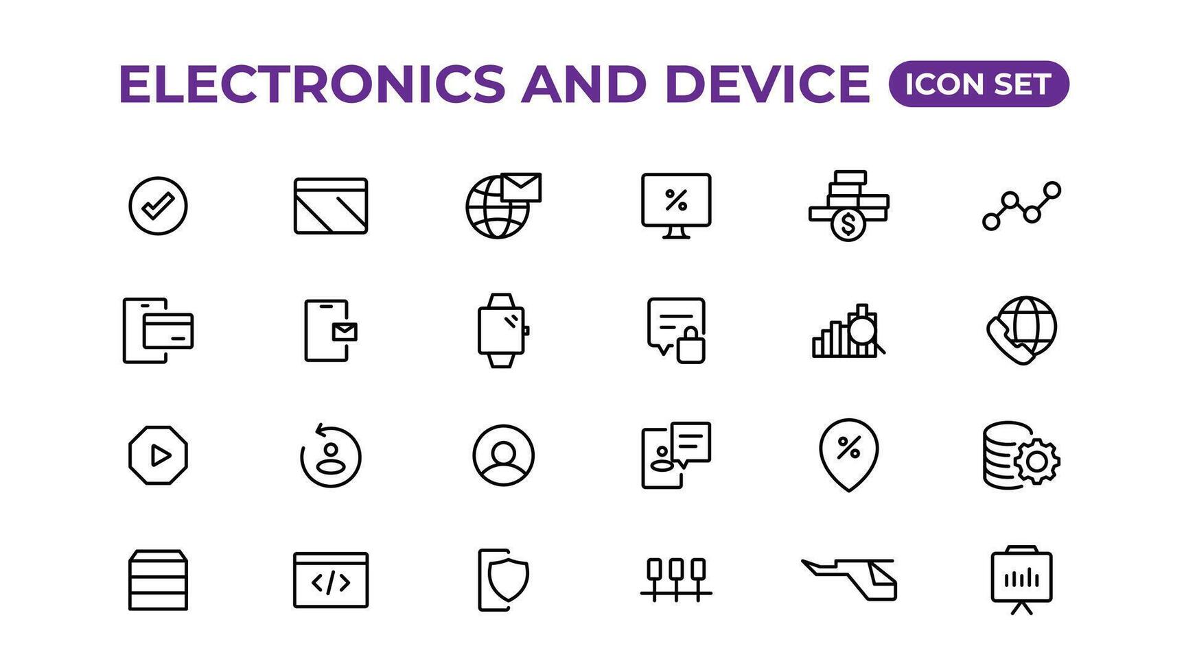 elektronik och enhet rader ikon uppsättning. elektronisk enheter och prylar, dator, Utrustning och elektronik. dator övervaka, smartphone, läsplatta och bärbar dator sumbol samling. vektor