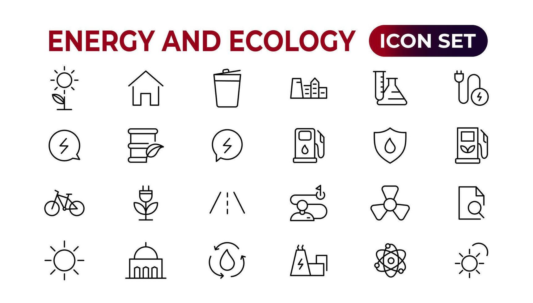 Energie und Ökologie Linie editierbar Symbole Satz. Vektor Illustration im modern dünn Linie Stil von Öko verbunden Symbole. Schutz, Planet Pflege, natürlich Recycling Leistung. Piktogramme und Infografiken.