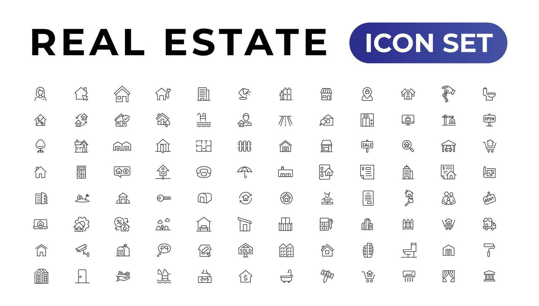 verklig egendom minimal tunn linje webb ikon uppsättning. inkluderad de ikoner som fast egendom, fast egendom, inteckning, Hem lån och Mer. översikt ikoner samling. vektor