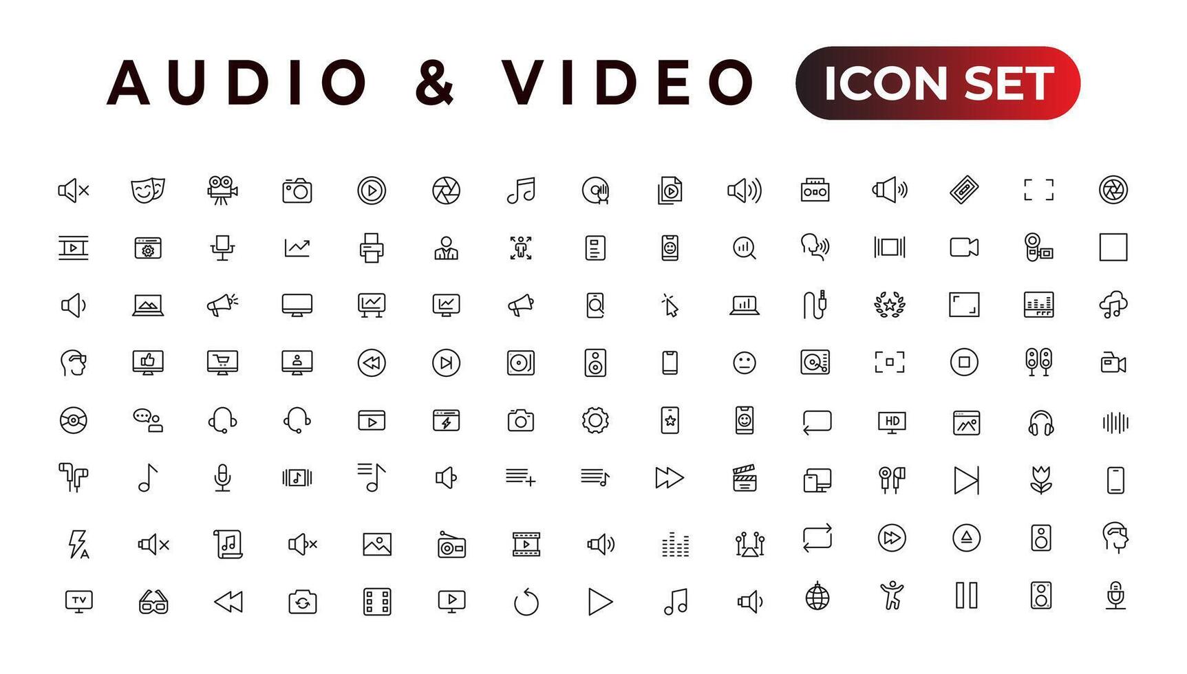 Audio-Video-Icons-Pack. dünne Liniensymbole gesetzt. flacher symbolsammlungssatz. einfache Vektorsymbole vektor
