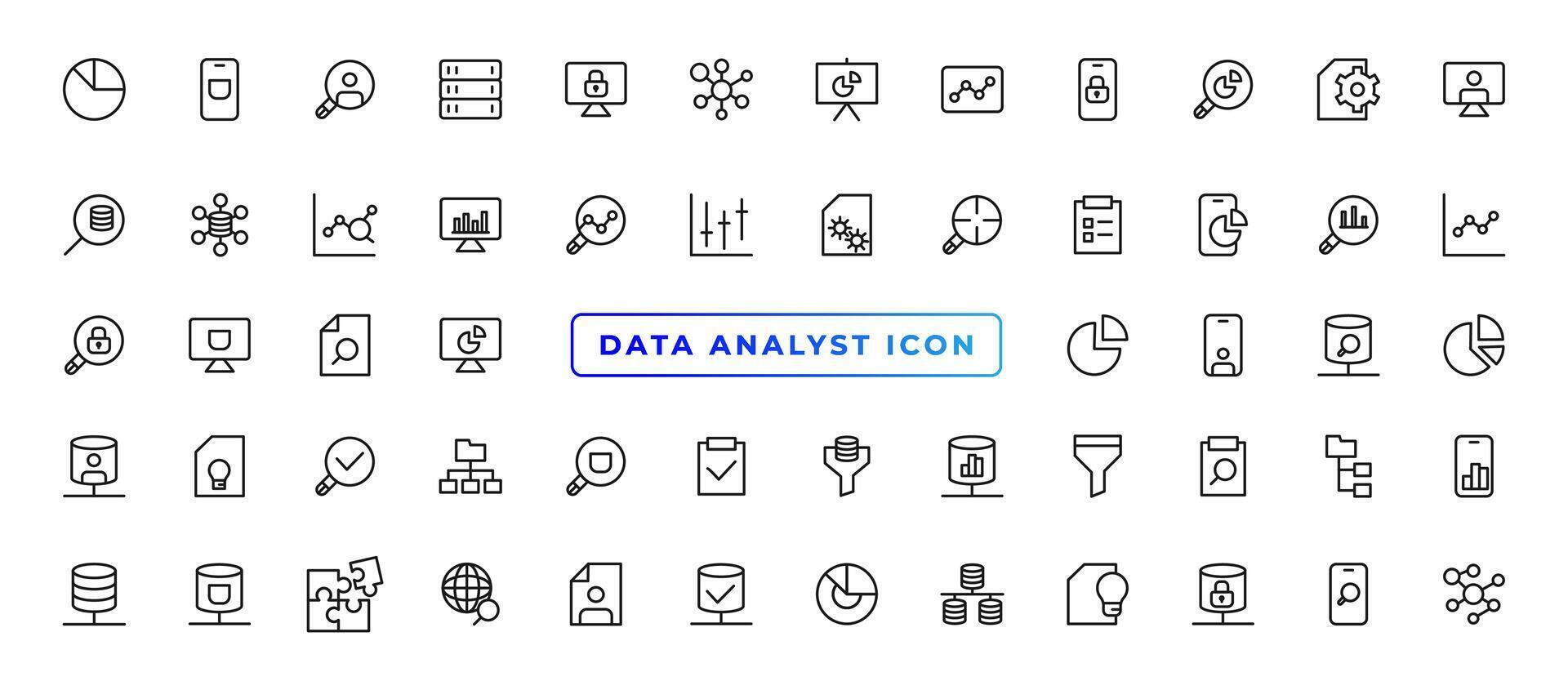 Daten analytisch dünn Linie Symbol Satz. Daten Analyse editierbar Schlaganfall Symbole. Daten Analytik, Bergbau, Optimierung, wird bearbeitet, Statistik, Überwachung, Analyse vektor