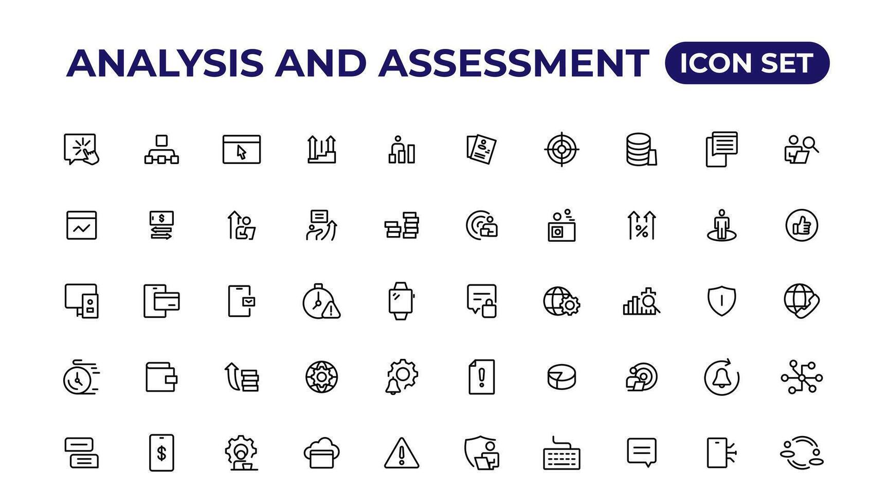 analys och bedömning linje ikoner samling.tunn översikt ikoner packa. vektor