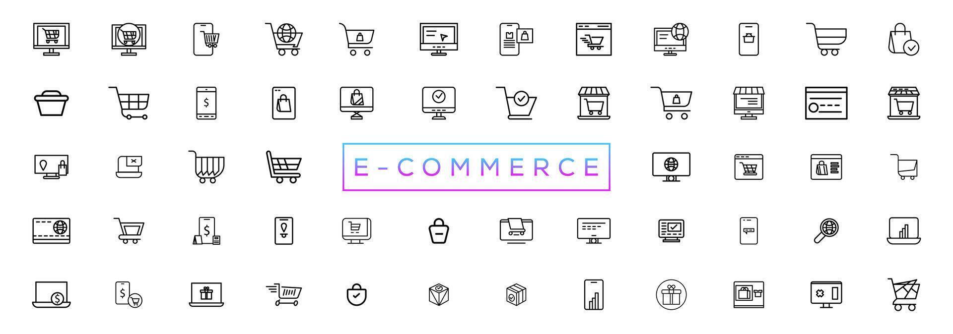 E-Commerce Linie Symbole Satz. E-Commerce Gliederung Symbole Sammlung. Einkaufen, online Geschäft, Lieferung, Marketing, speichern, Geld, Zahlung, Preis vektor