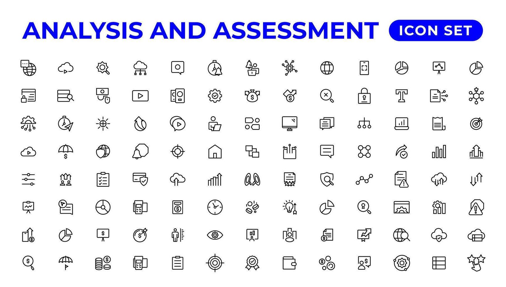 analys och bedömning linje ikoner samling.tunn översikt ikoner packa. vektor