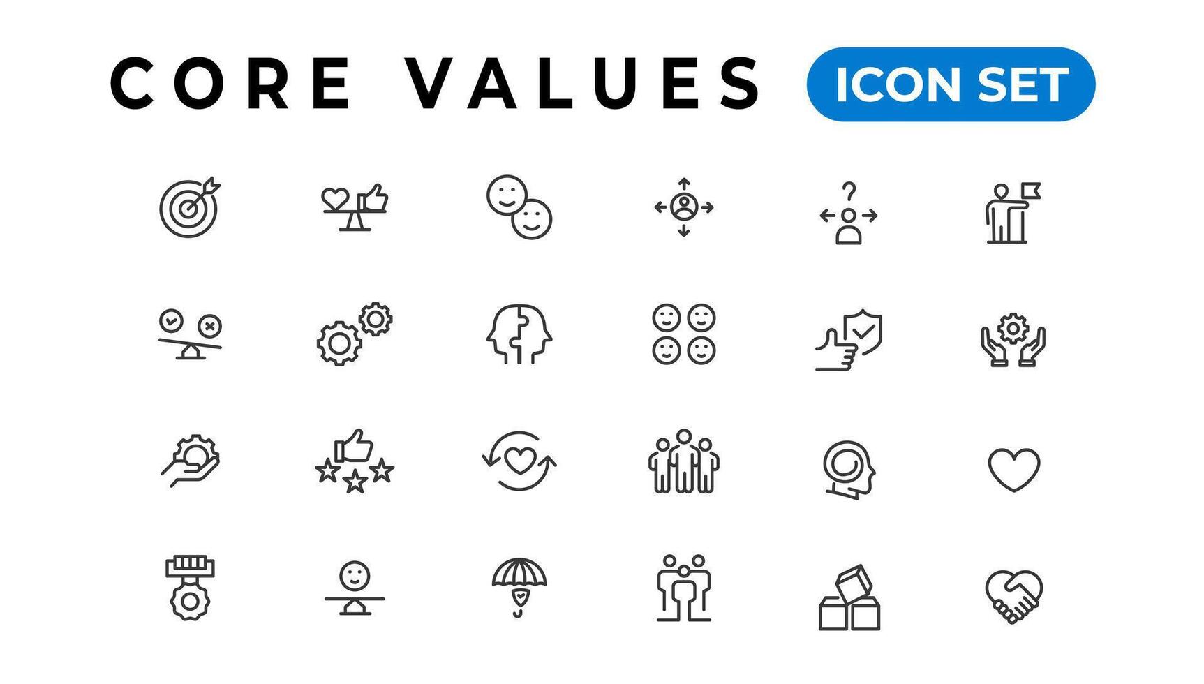 Ader Wert Symbol Banner Sammlung. enthält Innovation, Ziele, Verantwortung, Integrität, Kunden, Engagement, Qualität, Zusammenarbeit, Verlässlichkeit und Aufnahme. Vektor solide Sammlung von Symbole