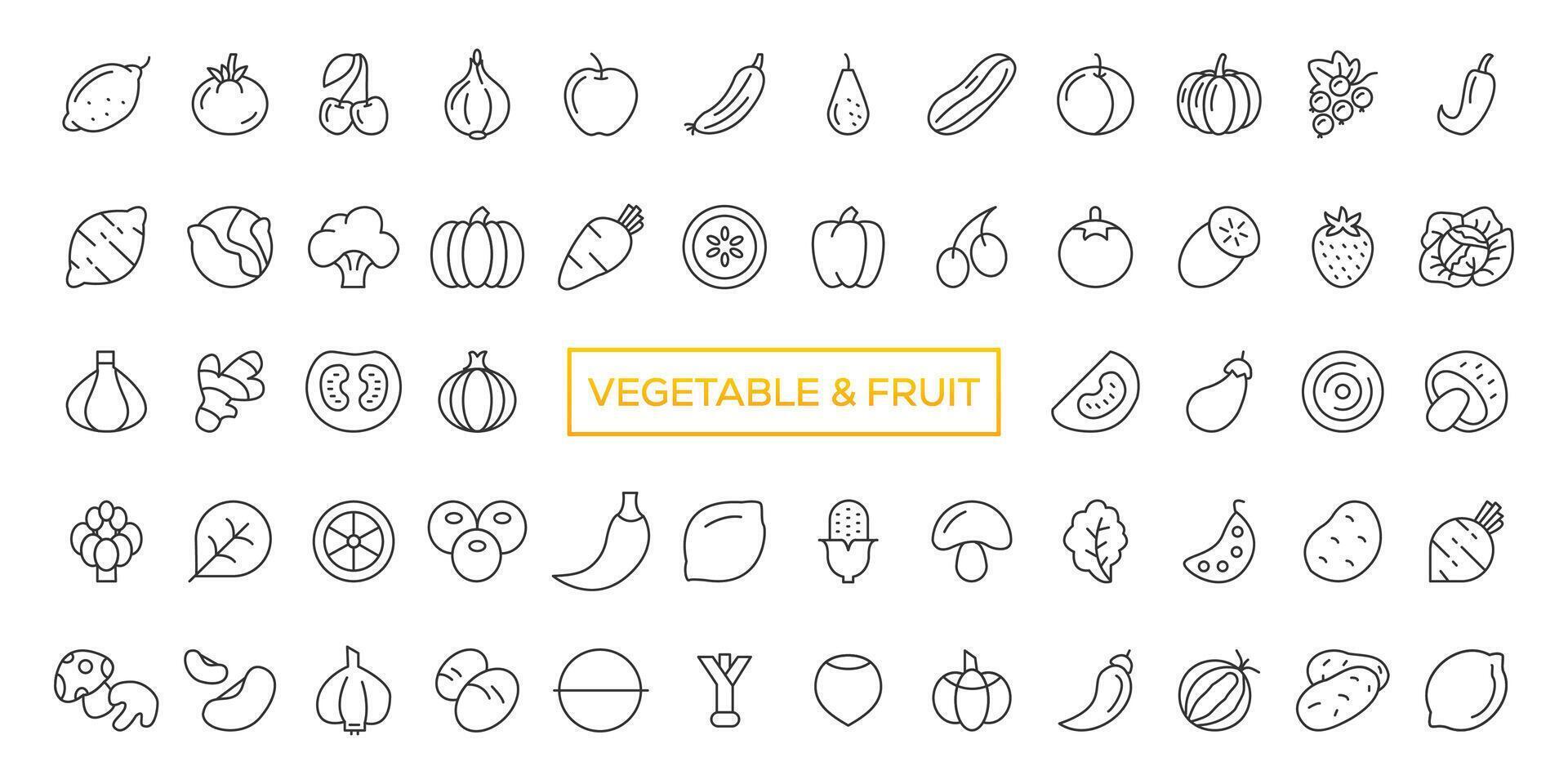frukt och grönsaker ikoner uppsättning. vektor linje ikoner, modern linjär design grafisk element, översikt symboler