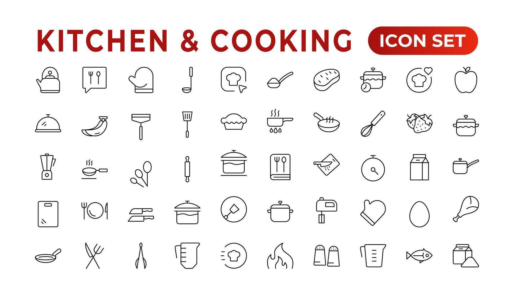 uppsättning av översikt ikoner relaterad till matlagning, och kök. linjär ikon samling. kök och matlagning tunn linje webb ikon uppsättning. översikt ikoner samling. kök redskap - panorera, ugn, kokbok, kastrull. vektor