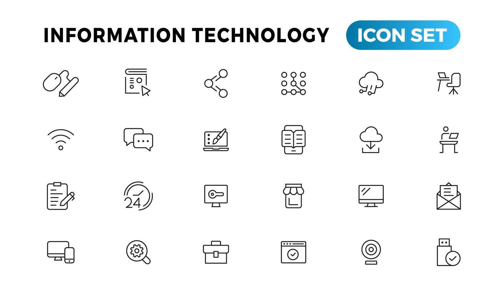 Information Technologie Linie Symbole Sammlung. groß ui Symbol einstellen im ein eben Design. dünn Gliederung Symbole Pack vektor