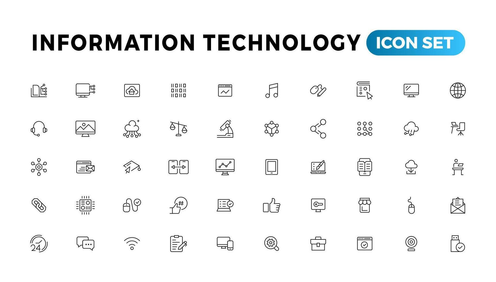 information teknologi linje ikoner samling. stor ui ikon uppsättning i en platt design. tunn översikt ikoner packa vektor