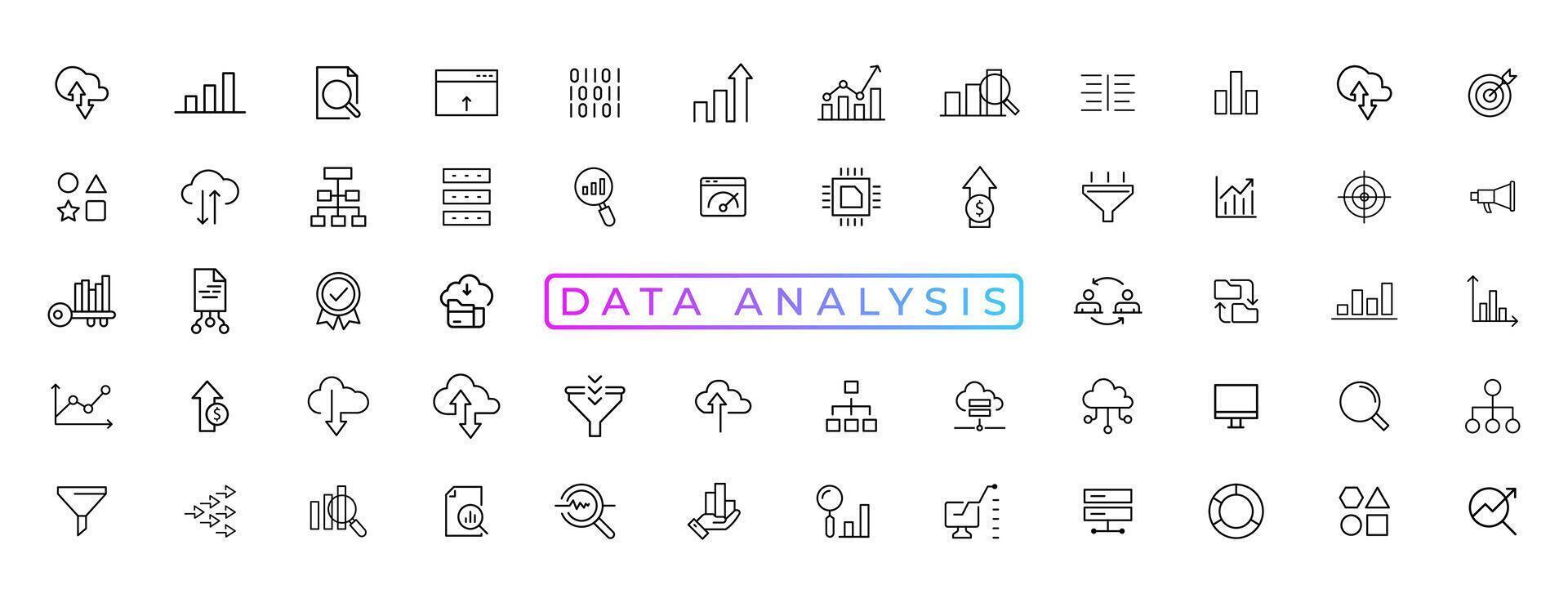 groß Daten Analyse dünn Linie Symbol Satz. Daten wird bearbeitet Gliederung Piktogramme zum Webseite und Handy, Mobiltelefon App gui. Digital Analytik einfach ui, ux Vektor Symbole