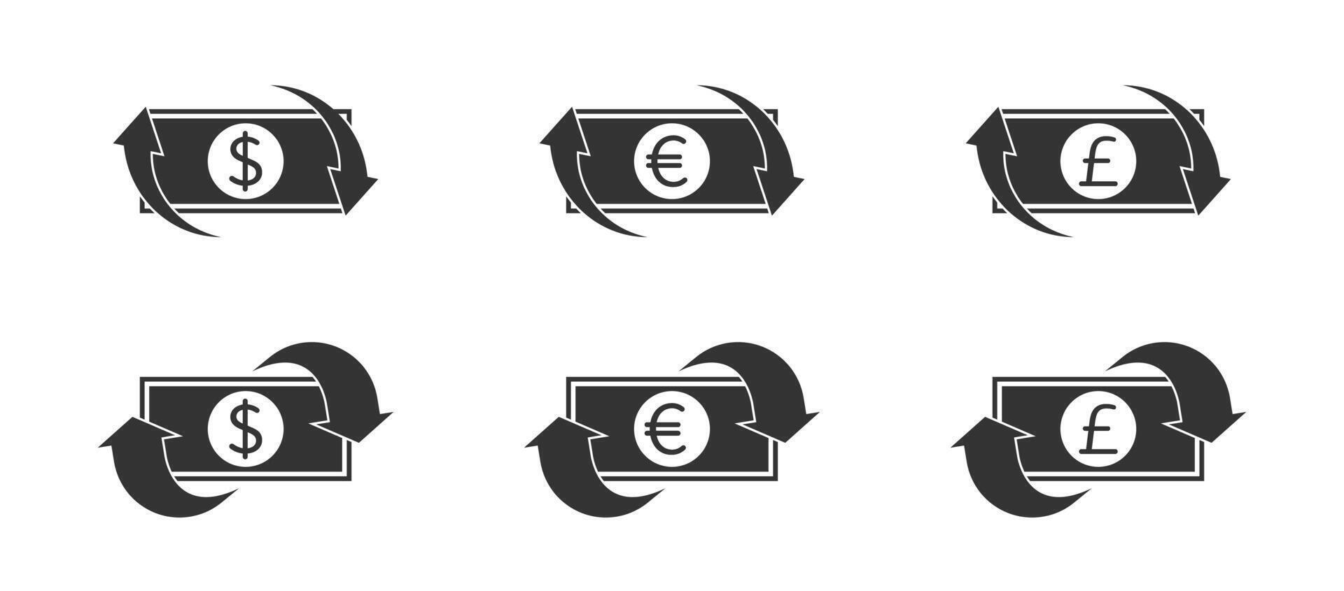 Cashback Symbol, Rückkehr Geld, Kasse zurück Abzug. Dollar, Euro und Pfund Sterling unterzeichnen. Vektor Illustration.
