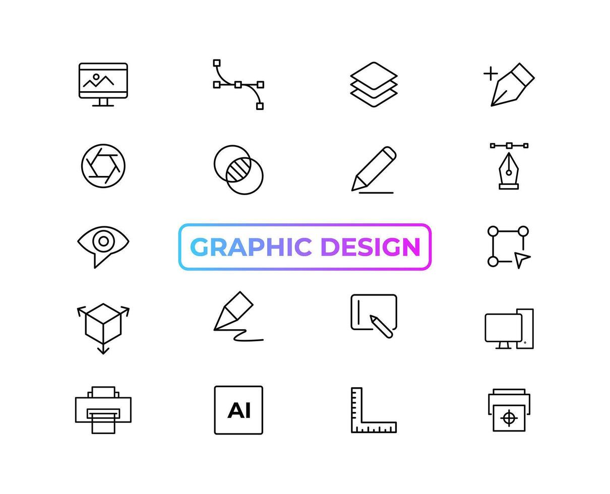uppsättning av tunn linje ikoner av grafisk design. enkel linjär ikoner i en modern stil platt, kreativ bearbeta. grafisk design, kreativ paket, stationär, programvara och Mer enkel ui, ux vektor ikoner