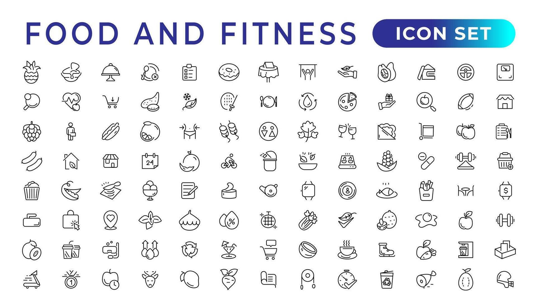 mat och kondition linjär ikoner samling.set av tunn linje webb ikon uppsättning, enkel översikt ikoner samling, pixel perfekt ikoner, enkel vektor illustration.