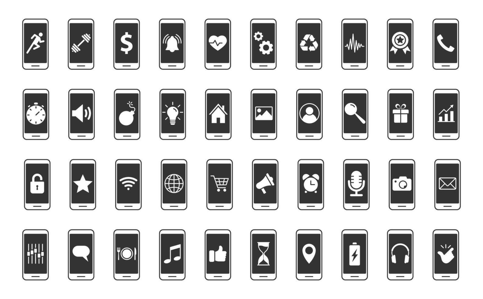 einstellen von Smartphone Symbole mit ein anders Zeichen. Handy, Mobiltelefon Anwendungen Sammlung. Vektor Illustration.