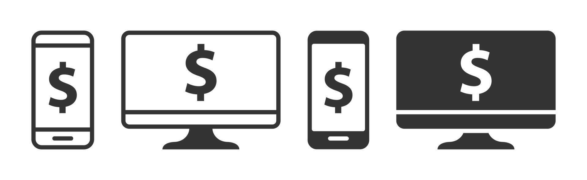 online Bankwesen Symbole. Telefon und Computer Symbole mit Dollar Symbol. Vektor Illustration.