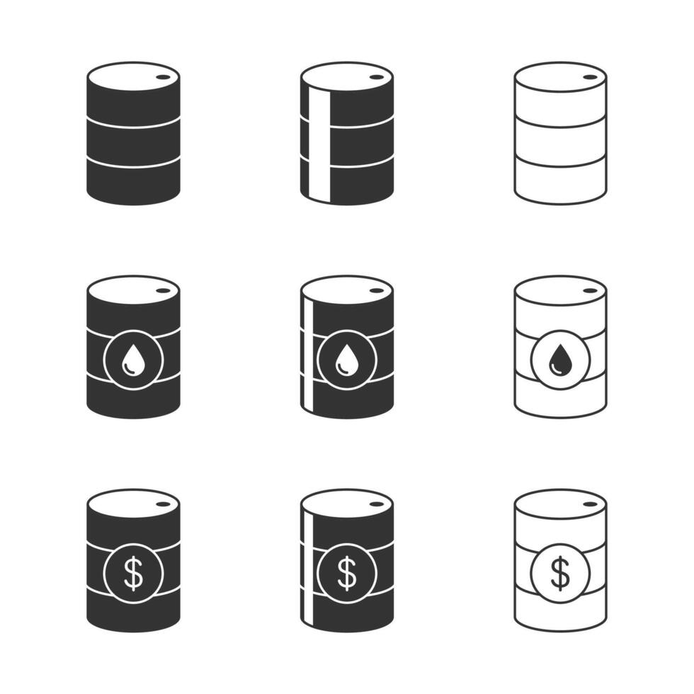 Öl Fass Symbol Satz. Fass mit Öl Zeichen, und Dollar Symbol. Vektor Abbildung.