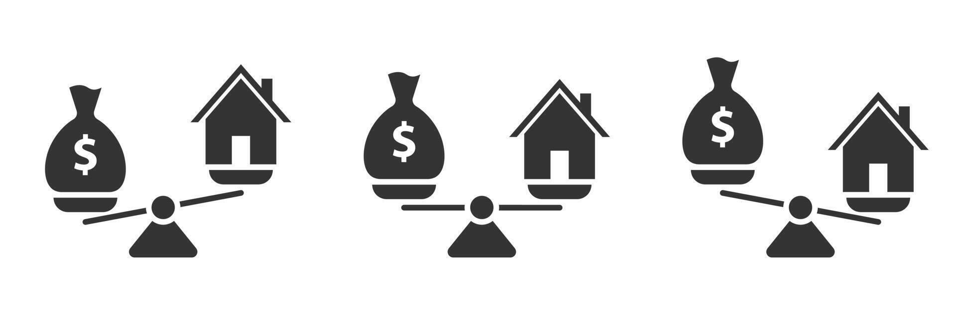 Balance mit Dollar und Haus Symbol. Geld und Haus Waage Symbol. eben Vektor Illustration.