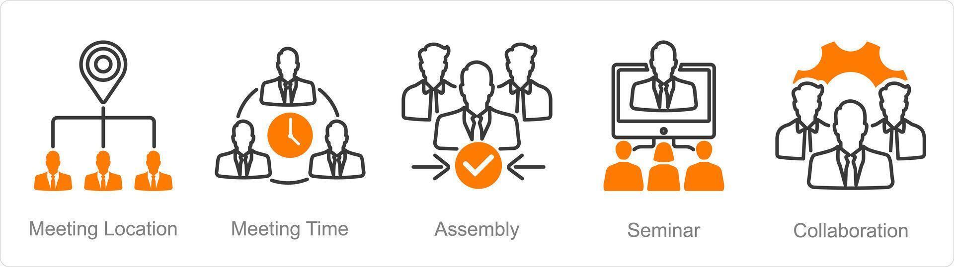 en uppsättning av 5 möte ikoner som möte plats, möte tid, hopsättning vektor