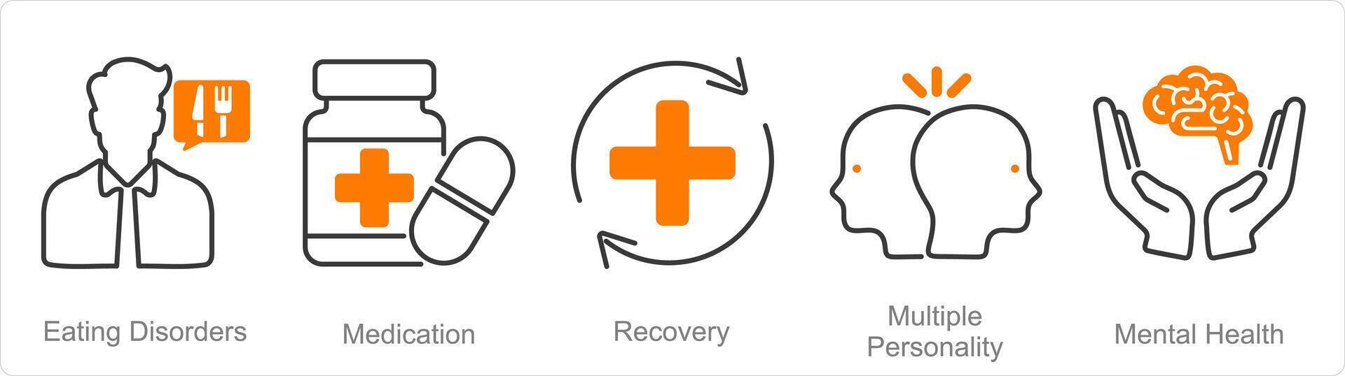 en uppsättning av 5 mental hälsa ikoner som äter störningar, medicin, återhämtning vektor