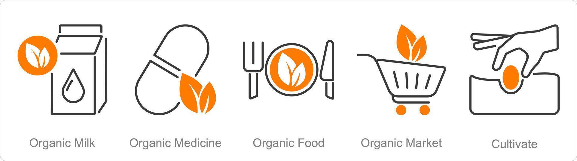 ein einstellen von 5 organisch Landwirtschaft Symbole wie organisch Milch, organisch Medizin, organisch Essen vektor